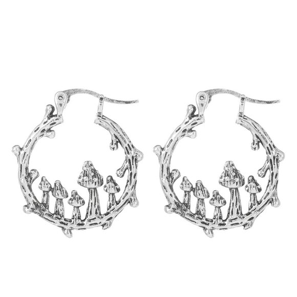 Earrings Mushroom Hoop 3D Retro Bohemian Style Silver Alloy Groovy Wonderland - Picture 2 of 3